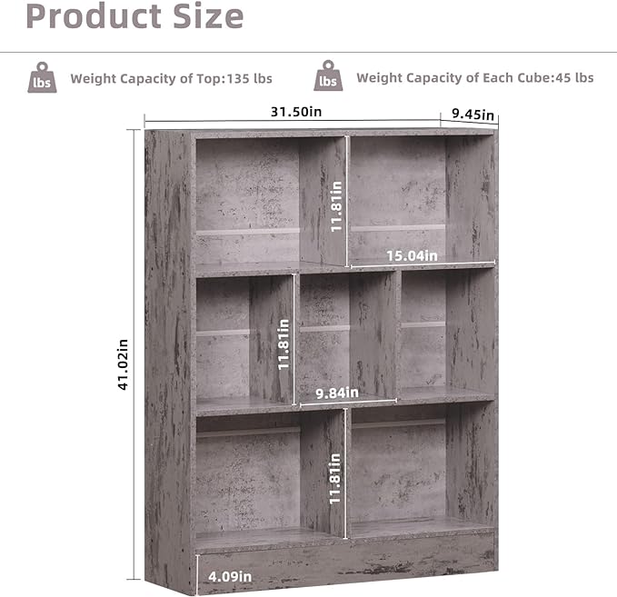 LEYAOYAO 7 Cube Bookshelf with Base,3 Tier Mid-Century Modern Grey Bookcase,Standing Wide Bookshelves Storage Organizer Shelf,Rustic Wood Display Cabinet Book Shelves for Bedroom,Living Room,Office - LeafyLoom