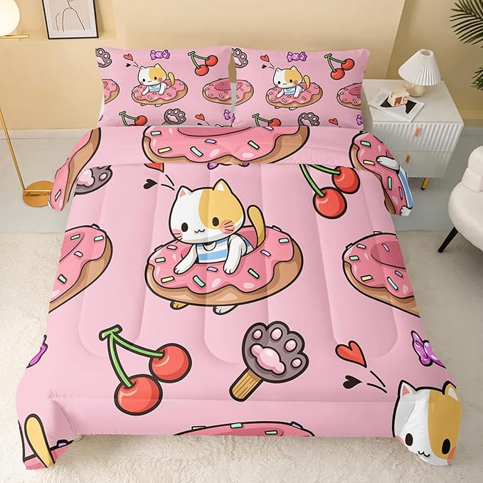 Kawaii Cat Comforter Full Size,Doughnut Cherry Cat Comforter Set for Kids Teens Girls,3Pcs Bedding Set Printed Comforter with 2 Pillowcases,Soft and Lightweight(Pink，Full Size) - LeafyLoom