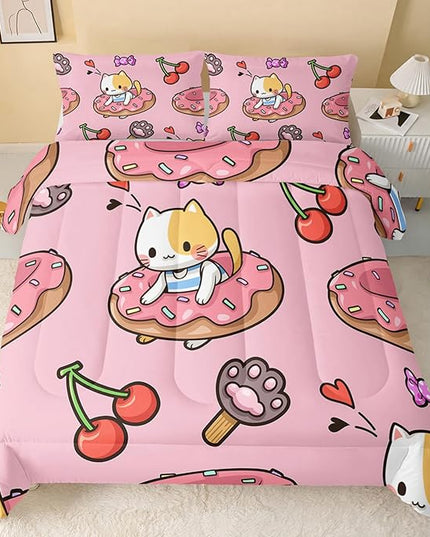 Kawaii Cat Comforter Twin Size,Doughnut Cherry Cat Comforter Set for Kids Teens Girls,3Pcs Bedding Set Printed Comforter with 2 Pillowcases,Soft and Lightweight(Pink，Twin Size) - LeafyLoom