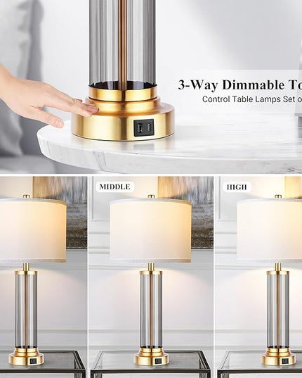 QiMH Touch Control Table Lamp Set of 2 with USB A+C Ports, 3-Way Dimmable Nightstand Lamp with Fabric Cream Shade, Modern Bedside Lamp for Living Room Bedroom Reading, LED Bulbs Included - LeafyLoom
