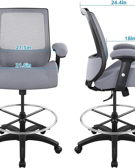 BOLISS Big and Tall 400lbs Mesh Ergonomic Drafting Chair,Tall Office Chair, Standing Desk Chair,Height Adjustable Armrest,Lumbar Support,Foot Ring,Swivel Computer Task Chair-Grey - LeafyLoom