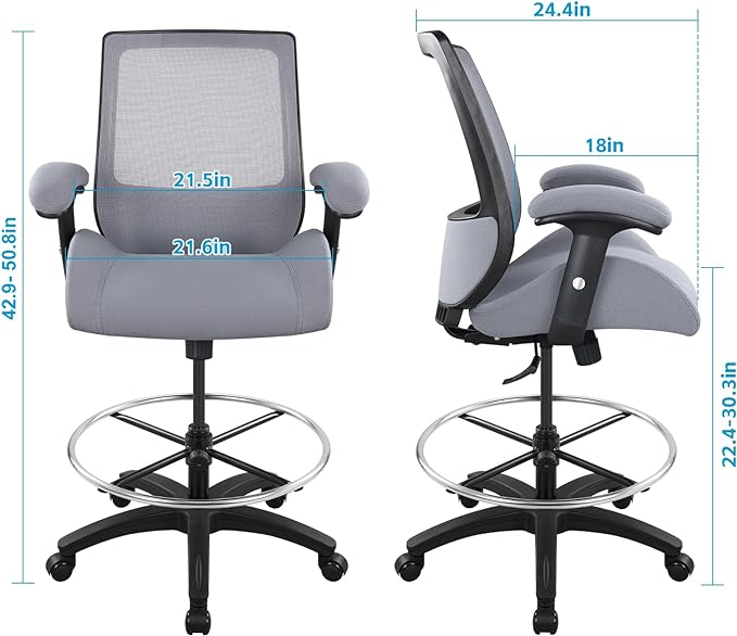 BOLISS Big and Tall 400lbs Mesh Ergonomic Drafting Chair,Tall Office Chair, Standing Desk Chair,Height Adjustable Armrest,Lumbar Support,Foot Ring,Swivel Computer Task Chair-Grey - LeafyLoom