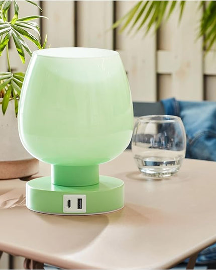 Touch Bedside Table Lamp with USB Charging - Modern Green Small Lamp for Bedroom Living Room Nightstand, Desk lamp with Glass Lamp Shade, Warm LED Bulb Included, 3 Way Dimmable, Simple Design - LeafyLoom