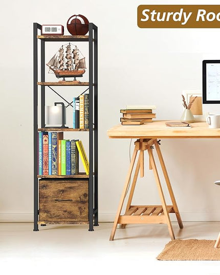 Narrow-Bookshelf-With-Storage-Drawer, 5-Tier Small Standing Book Shelf Organizer For Small Space, Tall Thin Bookcase Shelf For Bedroom Living Room Office, Wooden Shelving Unit Rack For Display - LeafyLoom