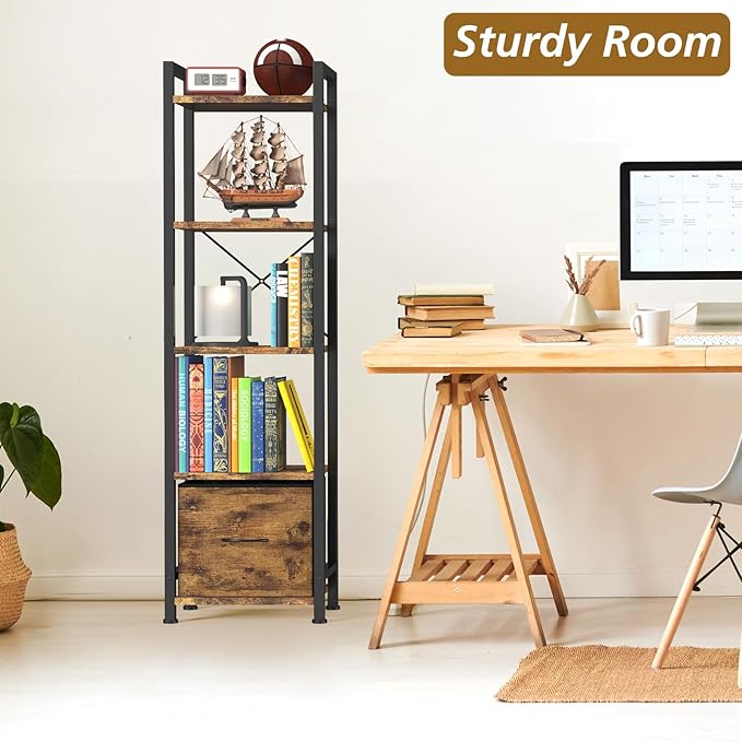 Narrow-Bookshelf-With-Storage-Drawer, 5-Tier Small Standing Book Shelf Organizer For Small Space, Tall Thin Bookcase Shelf For Bedroom Living Room Office, Wooden Shelving Unit Rack For Display - LeafyLoom