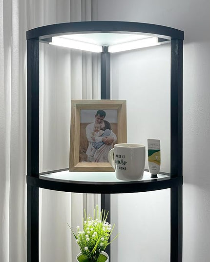 FENLO Fantasy Edge Pro - 66" Glass LED Corner Shelf Lamp with Adjustable Color Range (2700K-6000k), Dimmable Corner Floor Lamp with Shelves, Remote/App Control, On/Off Light Timer - LeafyLoom