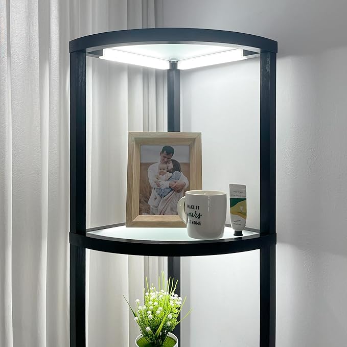 FENLO Fantasy Edge Pro - 66" Glass LED Corner Shelf Lamp with Adjustable Color Range (2700K-6000k), Dimmable Corner Floor Lamp with Shelves, Remote/App Control, On/Off Light Timer - LeafyLoom