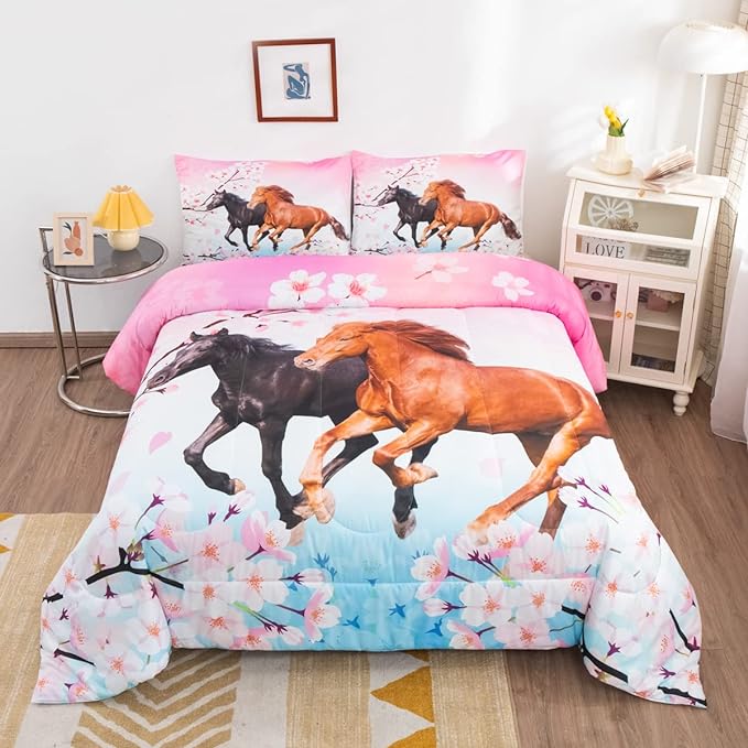 Feelyou Girls Horse Comforter Set Full Size Galloping Horses Bedding Set for Kids Teens Cherry Blossom Comforter 3D Wild Animal Duvet Set Farmhouse Bedroom Decor Quilt Set with 2 Pillow Cases 3Pcs - LeafyLoom