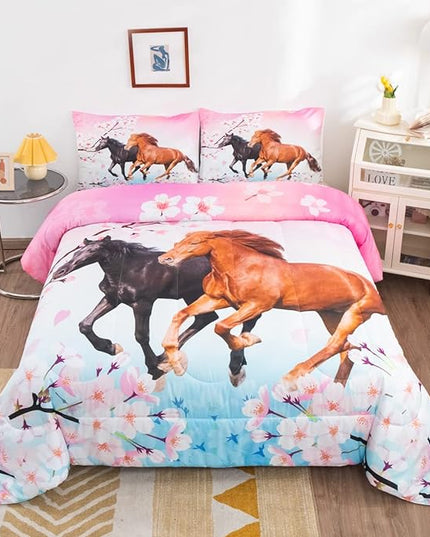 Feelyou Kids Horse Bedding Set for Girls Queen Size Chic Cherry Blossom Comforter Set for Horse Lover Gift Galloping Horse Printed Comforter 3D Wild Animal Duvet Set Bedroom Decor Quilt Set 3Pcs - LeafyLoom