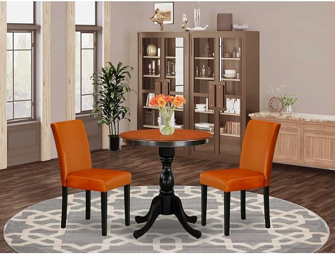 East West Furniture Eden 3 Piece Set Contains a Round Dining Room Table with Pedestal and 2 Baked Bean Faux Leather Upholstered Parson Chairs, 30x30 Inch, ESAB3-BCH-61 - LeafyLoom