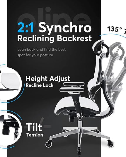 Oline ErgoPro Ergonomic Office Chair - Rolling Desk Chair with 4D Adjustable Armrest, 3D Lumbar Support and Blade Wheels - Mesh Computer Chair, Gaming Chairs, Executive Swivel Chair (White) - LeafyLoom