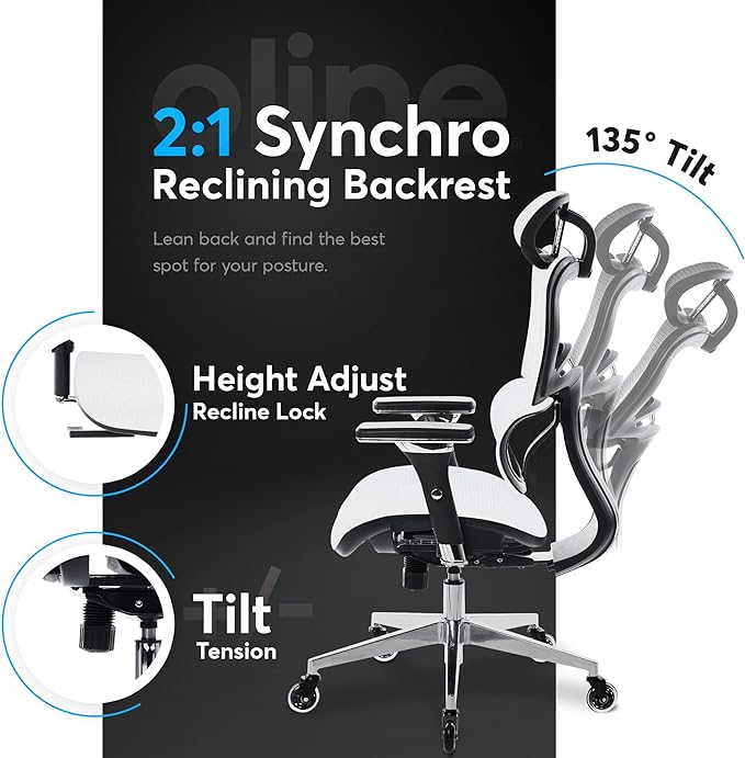 Oline ErgoPro Ergonomic Office Chair - Rolling Desk Chair with 4D Adjustable Armrest, 3D Lumbar Support and Blade Wheels - Mesh Computer Chair, Gaming Chairs, Executive Swivel Chair (White) - LeafyLoom