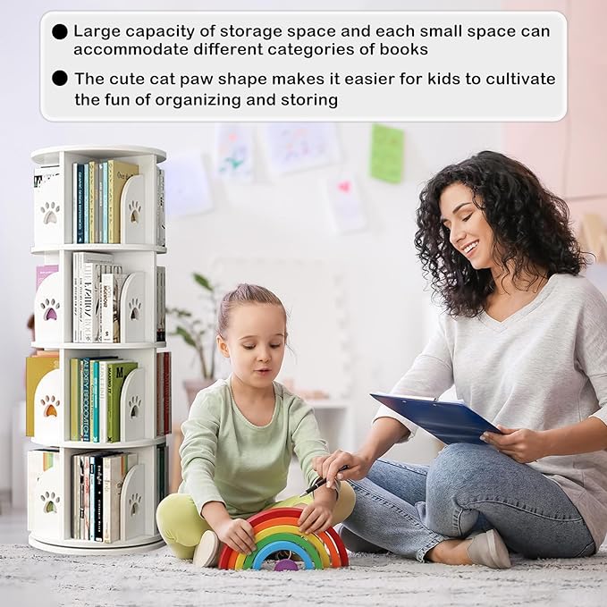 LEYUKEJI 360°Rotating Bookshelf 4-Tier Large Capacity 18" Diameter Kids Bookshelf PVC Plastic Display Cabinet,Corner Bookcase Space Saving Round Spinning Storage Rack With Small Silicone Hammer,White - LeafyLoom