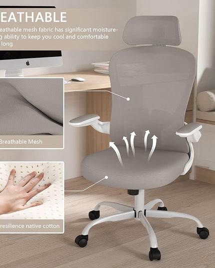 Office Chair, High Back Ergonomic Desk Chair, Breathable Mesh Desk Chair with Adjustable Lumbar Support and Headrest, Swivel Task Chair with flip-up Armrests, Executive Chair for Home Office - LeafyLoom
