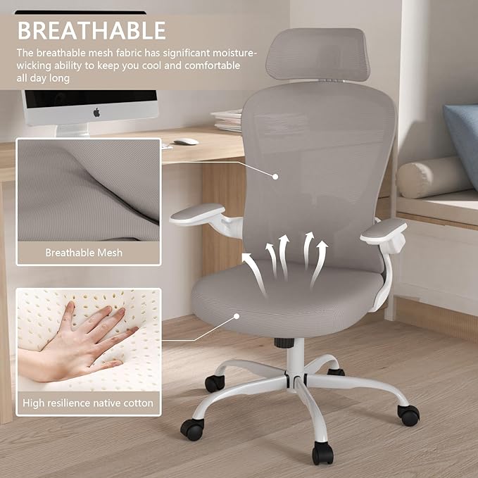 Office Chair, High Back Ergonomic Desk Chair, Breathable Mesh Desk Chair with Adjustable Lumbar Support and Headrest, Swivel Task Chair with flip-up Armrests, Executive Chair for Home Office - LeafyLoom