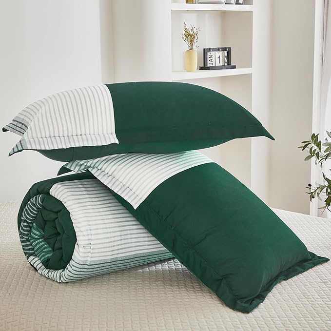 WONGS BEDDING Comforter Set Queen, Reversible Emerald Green Striped Patchwork Down Alternative Comforter for Queen Bed,3 Pieces (1 Comforter+2 Pillowcases), Soft Microfiber Bedding Set 90"×90" - LeafyLoom