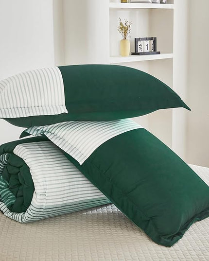 WONGS BEDDING Comforter Set King, Reversible Emerald Green Striped Down Alternative Comforter for King Bed,3 Pieces (1 Comforter+2 Pillowcases), Soft Microfiber Bedding Duvet Set 104"×90" - LeafyLoom