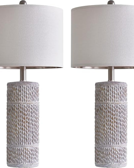 OYEARS 25.5 "Retro Farmhouse Table Lamps Set of 2 Woven Pattern Resin Bedside Lamps Classic Country Washed White Lamp for Bedroom Living Room Home Office - LeafyLoom