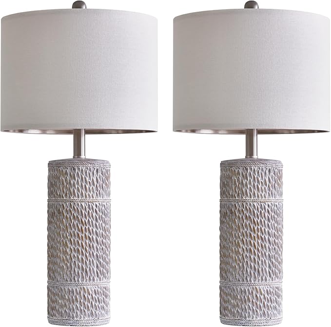 OYEARS 25.5 "Retro Farmhouse Table Lamps Set of 2 Woven Pattern Resin Bedside Lamps Classic Country Washed White Lamp for Bedroom Living Room Home Office - LeafyLoom