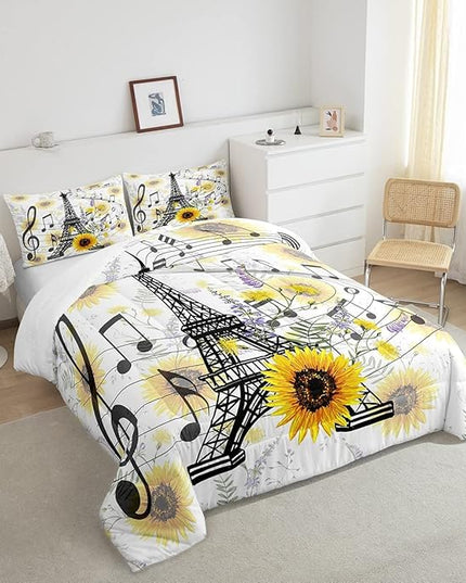 Feelyou Eiffel Tower Kids Comforter Set Cute Sunflower Comforter for Boys Children Teens Bedroom Decor Paris Tower Bedding Set Floral Music Themed Duvet Set King Size with 2 Pillow Case - LeafyLoom