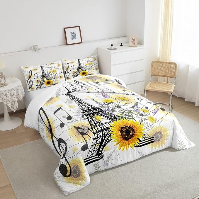 Feelyou Eiffel Tower Kids Comforter Set Cute Sunflower Comforter for Boys Children Teens Bedroom Decor Paris Tower Bedding Set Floral Music Themed Duvet Set King Size with 2 Pillow Case - LeafyLoom