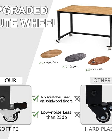 AHB 55" Rolling Computer Desk with 4 Smooth Wheels, Simple Style Mobile Writing Desk Home Office Study Table Movable Workstation with Metal Frame - LeafyLoom