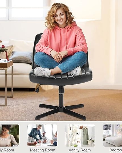 Sweetcrispy Cross Legged Office Chair, Criss Cross Chair Armless Wide Desk Chair No Wheels, Adjustable Swivel Home Office Vanity Chair - LeafyLoom