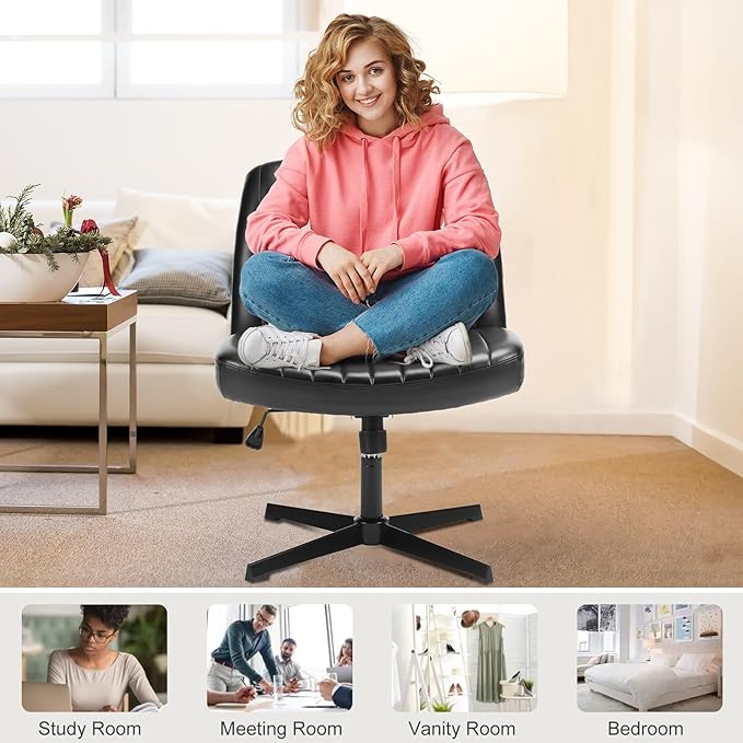 Sweetcrispy Cross Legged Office Chair, Criss Cross Chair Armless Wide Desk Chair No Wheels, Adjustable Swivel Home Office Vanity Chair - LeafyLoom