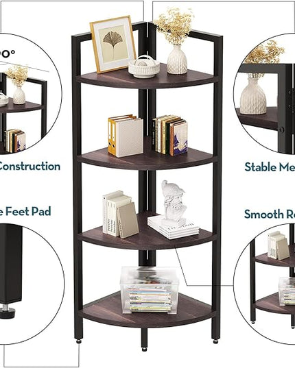 SAYGOER Corner Bookshelf 4 Tier Stand Corner Ladder Shelf Modern Storage Organizer Bookcase Industrial Display Rack Shelves for Small Space, Living Room,Brown - LeafyLoom