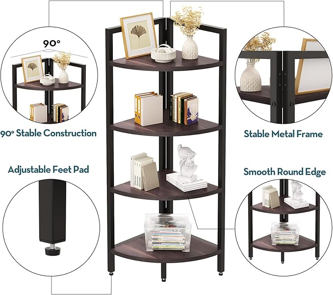 SAYGOER Corner Bookshelf 4 Tier Stand Corner Ladder Shelf Modern Storage Organizer Bookcase Industrial Display Rack Shelves for Small Space, Living Room,Brown - LeafyLoom