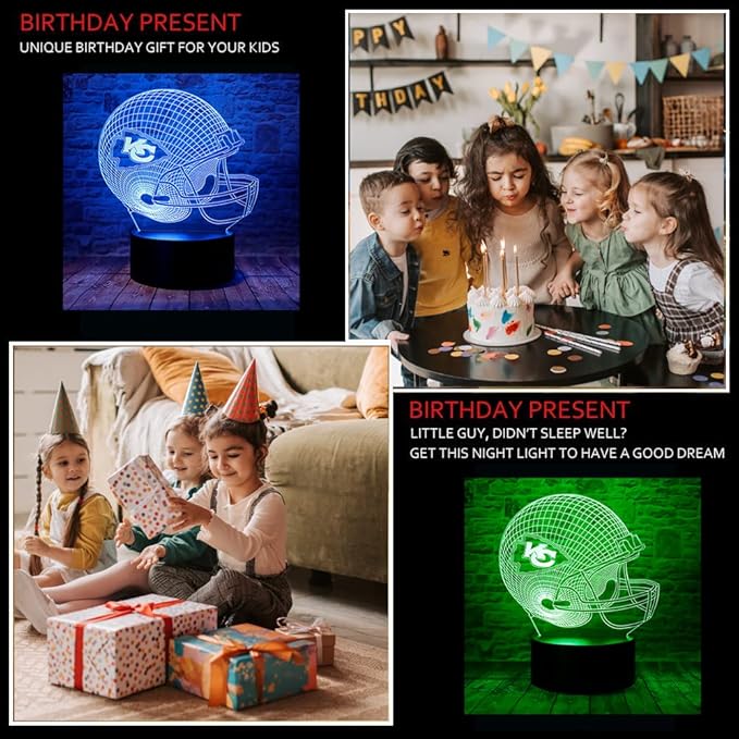 chenshiyan Cartoon Chiefs Football Helmet 3D Optical Illusion LED Bedroom Decor Sleep Table Lamp with Remote 7 Colors Night Light Birthday Xmas Gifts for Kids Boy Girl KC Men Women 2 - LeafyLoom
