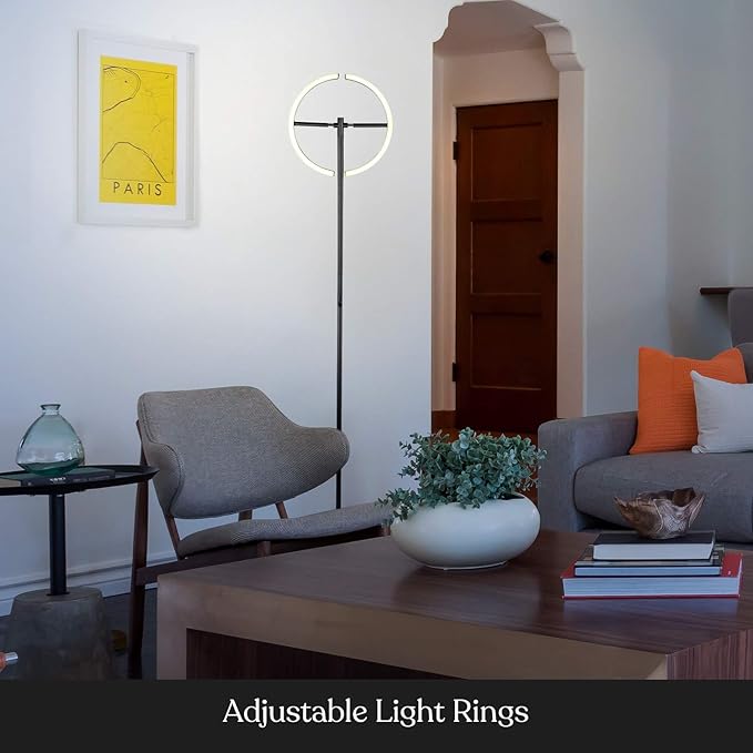 Brightech Halo Split Modern Bright LED Torchiere Floor Lamp for Offices - Dimmable, Tall Standing Lamp for Living Room or Bedroom - Adjustable Light w/Rotating Angles - Jet Black - LeafyLoom