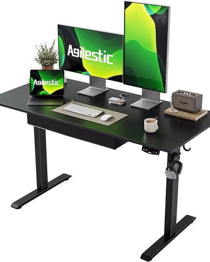 Adjustable Height Electric Standing Desk with Storage Wooden Drawer, 48 x 24 Inches Stand Up Home Office Computer Gaming Table with Splice Board for Work Office Home, Black - LeafyLoom