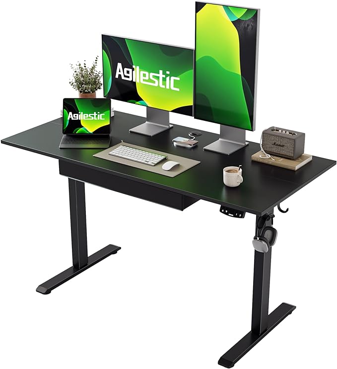 Adjustable Height Electric Standing Desk with Storage Wooden Drawer, 48 x 24 Inches Stand Up Home Office Computer Gaming Table with Splice Board for Work Office Home, Black - LeafyLoom