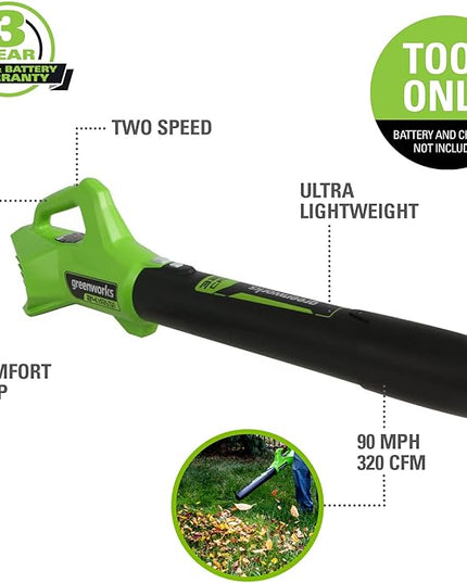 Greenworks 24V (90 MPH / 320 CFM / 125+ Compatible Tools) Cordless Axial Leaf Blower, Tool Only - LeafyLoom