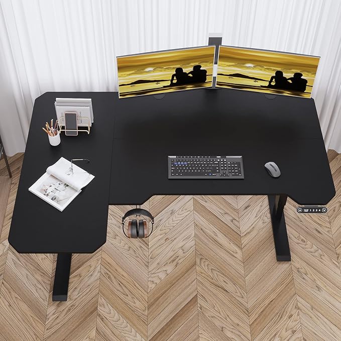 Adjustable Height L-Shaped 59 Inch Electric Standing Desk - Sit Stand Computer Desk, Stand Up Desk Table for Home Office, Black Frame and Top - LeafyLoom