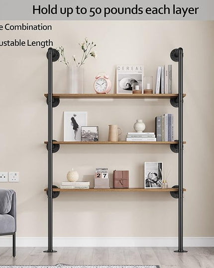 Pynsseu Industrial Iron Pipe Shelf Wall Mount, Farmhouse DIY Open Bookshelf, Pipe Shelves for Kitchen Bathroom, bookcases Living Room Storage, 2Pack of 4 Tier - LeafyLoom