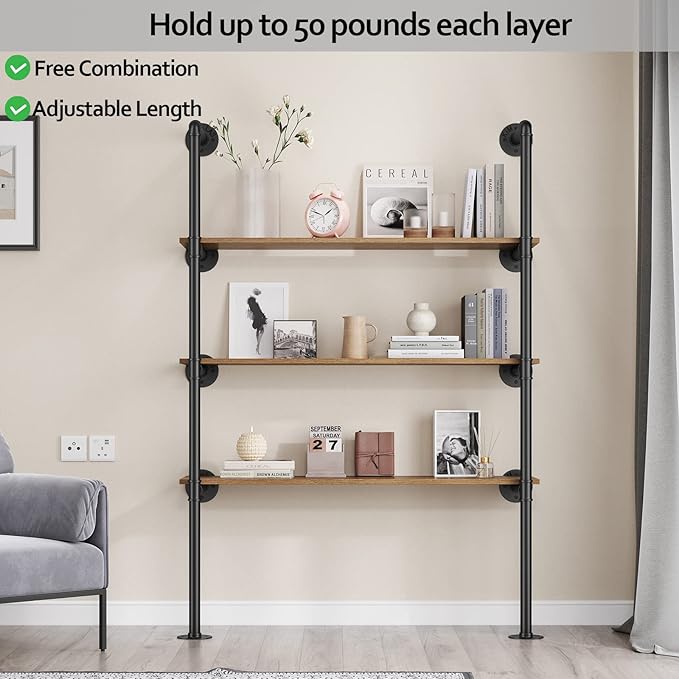 Pynsseu Industrial Iron Pipe Shelf Wall Mount, Farmhouse DIY Open Bookshelf, Pipe Shelves for Kitchen Bathroom, bookcases Living Room Storage, 2Pack of 4 Tier - LeafyLoom