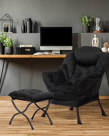 HollyHOME Modern Fabric Large Lazy Chair, Accent Oversized Comfy Reading Chair, Thick Padded Cozy Lounge Chair with Armrest, Steel Frame Leisure Sofa Chair for Living Room, Bedroom, Dorm, Black - LeafyLoom