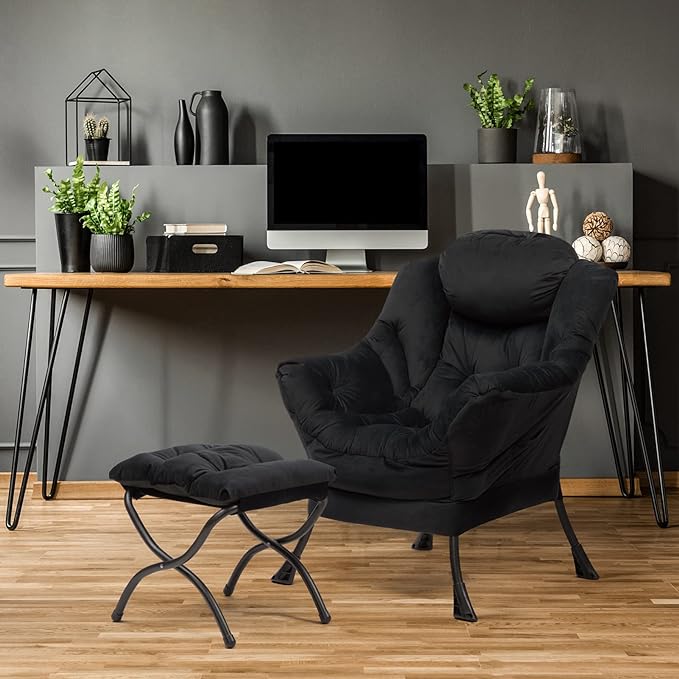 HollyHOME Modern Fabric Large Lazy Chair, Accent Oversized Comfy Reading Chair, Thick Padded Cozy Lounge Chair with Armrest, Steel Frame Leisure Sofa Chair for Living Room, Bedroom, Dorm, Black - LeafyLoom
