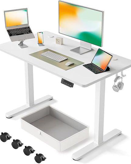 FEZIBO 40 x 24 Inches Standing Desk with Drawer, Adjustable Height Electric Stand up Desk with Storage, Sit Stand Home Office Desk, Ergonomic Computer Desk, White - LeafyLoom