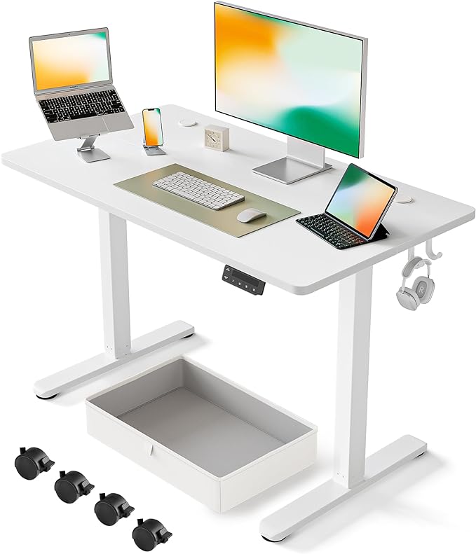 FEZIBO 40 x 24 Inches Standing Desk with Drawer, Adjustable Height Electric Stand up Desk with Storage, Sit Stand Home Office Desk, Ergonomic Computer Desk, White - LeafyLoom