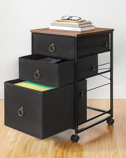 HOOBRO 3-Drawer Mobile File Cabinet, Vertical Filing Cabinet, Office Cabinet, Filing Cabinet for Home Office, Rolling Printer Stand, A4/Letter-Sized, Nonwovens Drawer, Rustic Brown and Black BFK30WJ01 - LeafyLoom