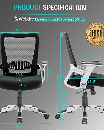Ergonomic Office Desk Chair, Mesh Computer Gaming Chair with Adjustable Flip-Up Arms, Lumbar Support, Tilt Function, Comfy Wide Seat, Swivel Wheel, Sturdy Big and Tall Task Chairs for Adults Students - LeafyLoom