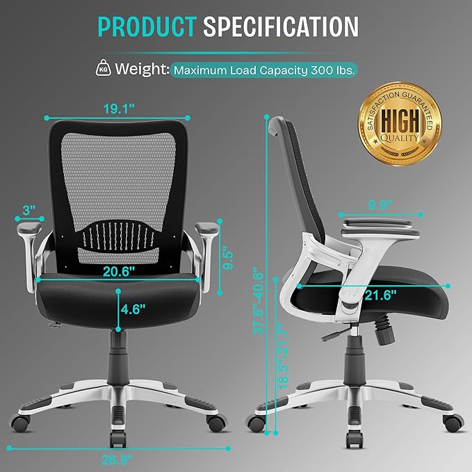 Ergonomic Office Desk Chair, Mesh Computer Gaming Chair with Adjustable Flip-Up Arms, Lumbar Support, Tilt Function, Comfy Wide Seat, Swivel Wheel, Sturdy Big and Tall Task Chairs for Adults Students - LeafyLoom
