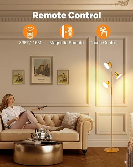 36W Super Bright Gold Floor Lamp, Modern LED Standing Lamp with Remote & Touch Control, 4 Color Temperatures, 3 Rotatable Lights, Dimmable Floor Lamps for Living Room, Bedroom, Office - LeafyLoom