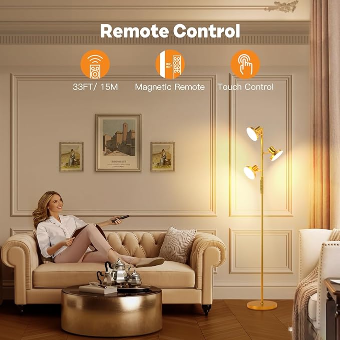 36W Super Bright Gold Floor Lamp, Modern LED Standing Lamp with Remote & Touch Control, 4 Color Temperatures, 3 Rotatable Lights, Dimmable Floor Lamps for Living Room, Bedroom, Office - LeafyLoom