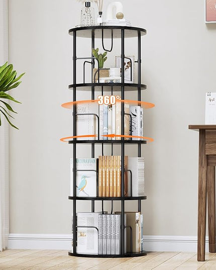 Rotating Bookshelf, 4 Tier Spinning Bookshelf Tower, 360° Display Unique Round Bookcase, Floor Standing Corner Revolving Bookshelf Storage Organizer for Small Spaces, Home Study Office, Black - LeafyLoom