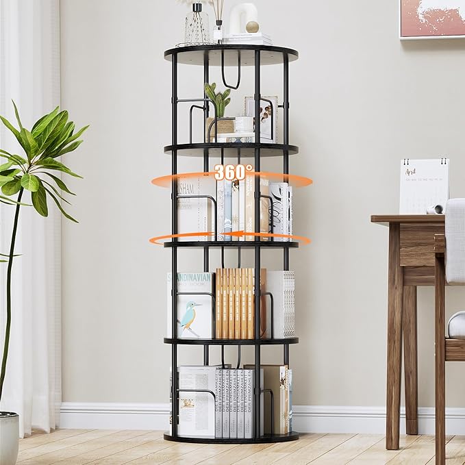 Rotating Bookshelf, 4 Tier Spinning Bookshelf Tower, 360° Display Unique Round Bookcase, Floor Standing Corner Revolving Bookshelf Storage Organizer for Small Spaces, Home Study Office, Black - LeafyLoom