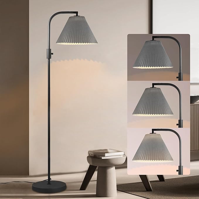 COFF Dimmable Floor Lamp, Arc Standing Lamp with 1000 Lumens LED Edison Bulb Included, Pleated Shade Modern Tall Pole Lamp for Living room, Bedroom, Office (Gray) - LeafyLoom